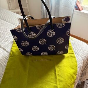 Tory Burch Navy and Cream Logo Medallion Tote